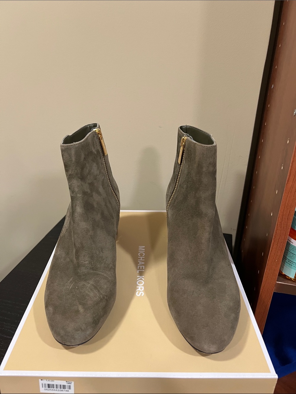 Michael Kors Olive Green Suede Ankle Booties with Gold Zippers